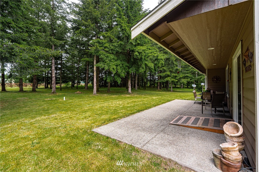 5120 180th Trail Southwest Rochester, WA 98579 - Photo 30 of 32 a view of a backyard with table and chairs potted plants and large tree