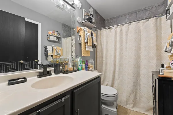 a bathroom with a sink a toilet and shower curtain