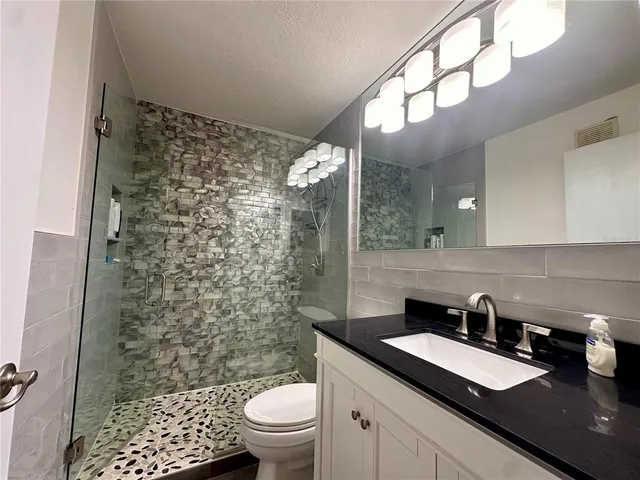 a bathroom with a granite countertop sink a toilet and a mirror