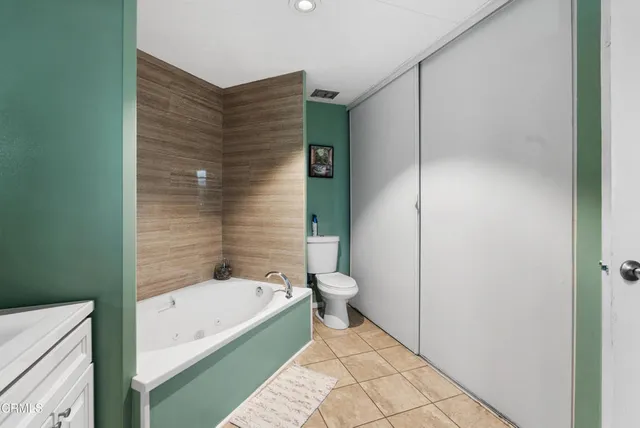 a bathroom with a bathtub and a toilet