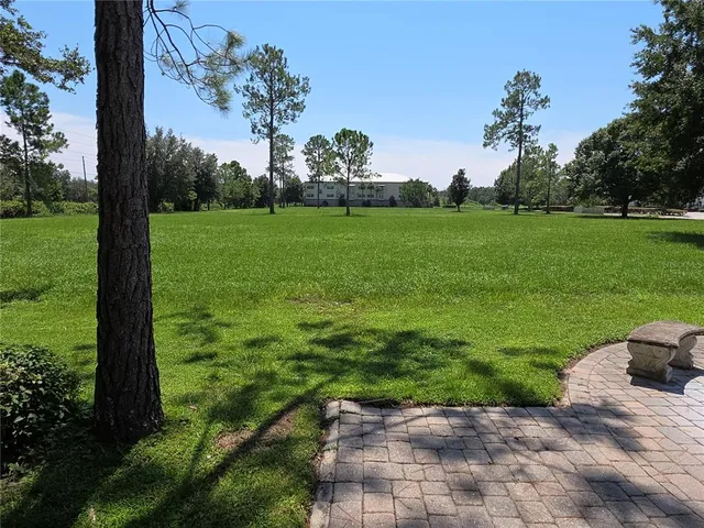 a view of a field with trees in the background