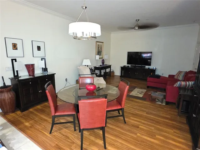 a view of a dining room with furniture