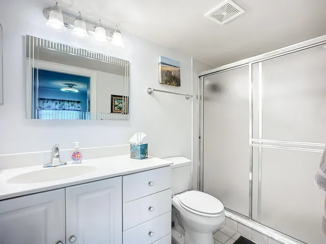 a bathroom with a toilet a sink a mirror a vanity and shower