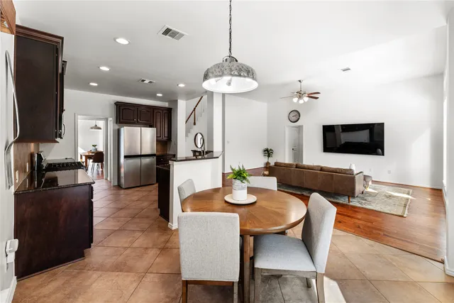 a view of a dining room with furniture