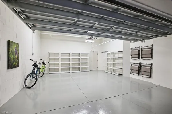 a view of a room with racks on the wall