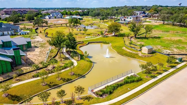 an aerial view of a swimming pool