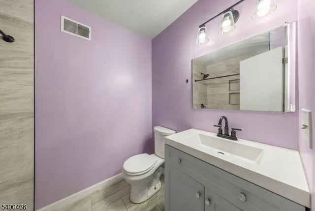 a bathroom with a sink mirror vanity and toilet