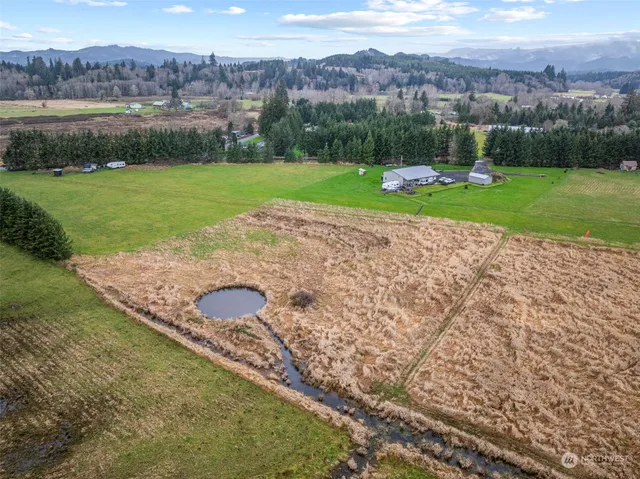 a view of a field with a mountain in the background
