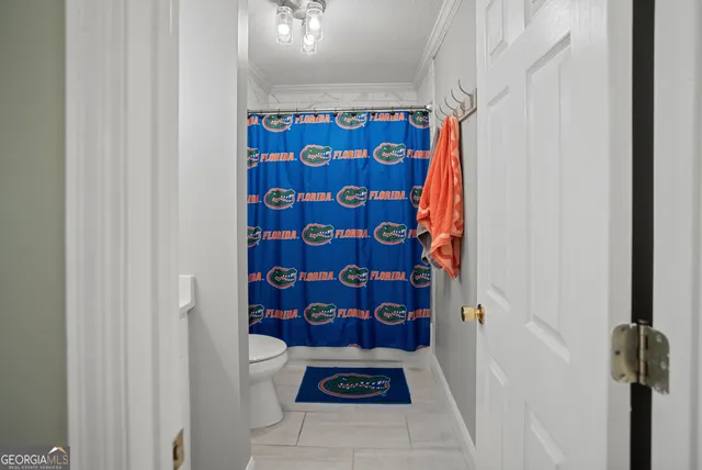 a bathroom with a shower curtain and a toilet