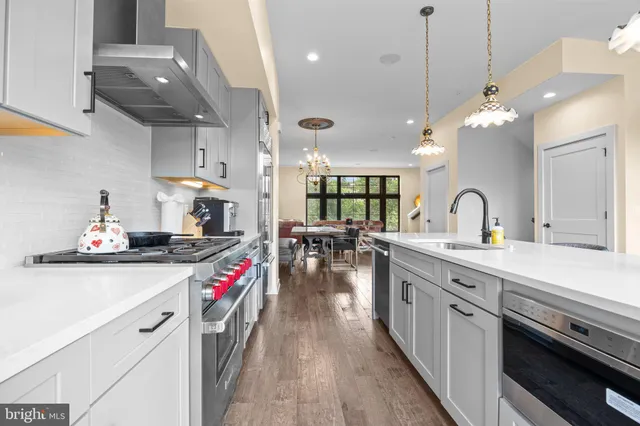a kitchen with kitchen island a sink appliances and cabinets