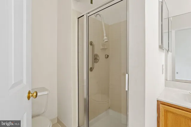 a bathroom with a shower and toilet