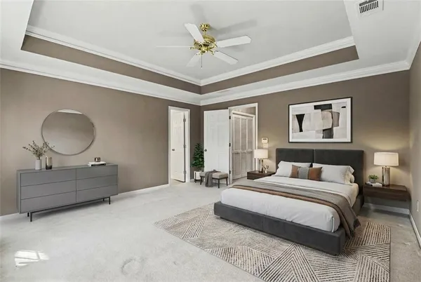 a bedroom with a bed and window with a chandelier