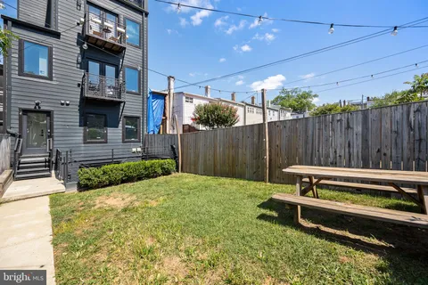 a garden view with a seating space