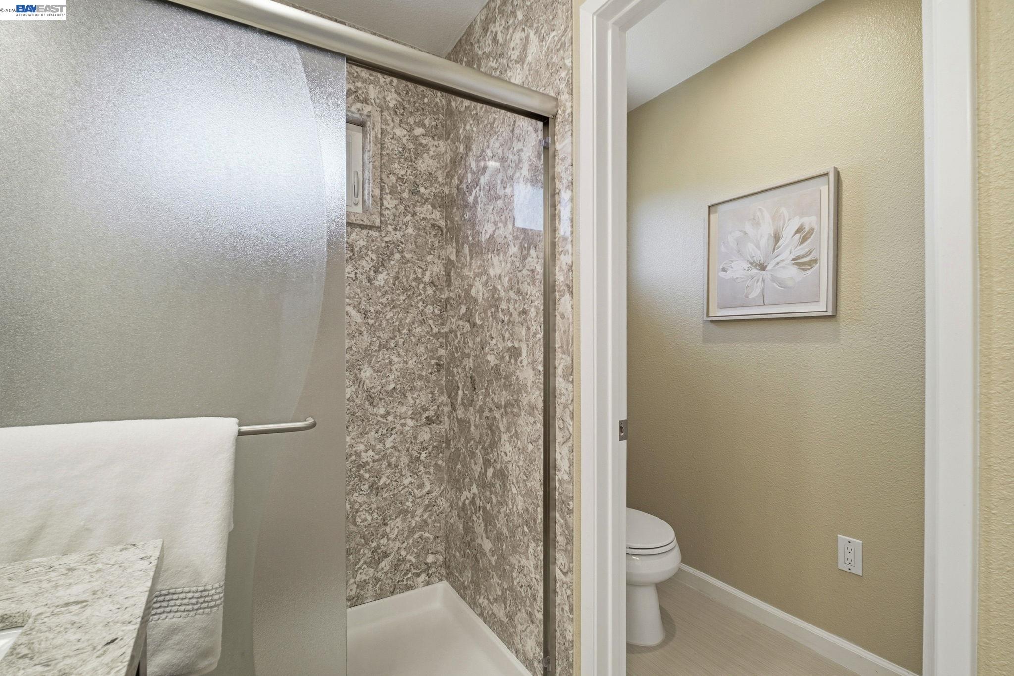 595 Seville Place Fremont, CA 94539 - Photo 26 of 43 a bathroom with a shower and a toilet