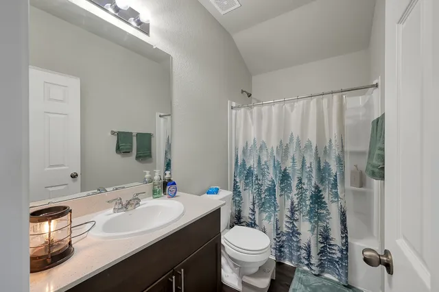 a bathroom with a double vanity sink toilet and a mirror