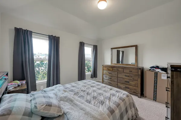 a bedroom with a bed and a dresser