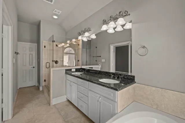 a spacious bathroom with a granite countertop sink a large mirror and a shower