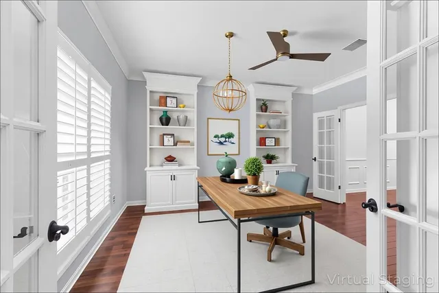 a workspace with furniture and window