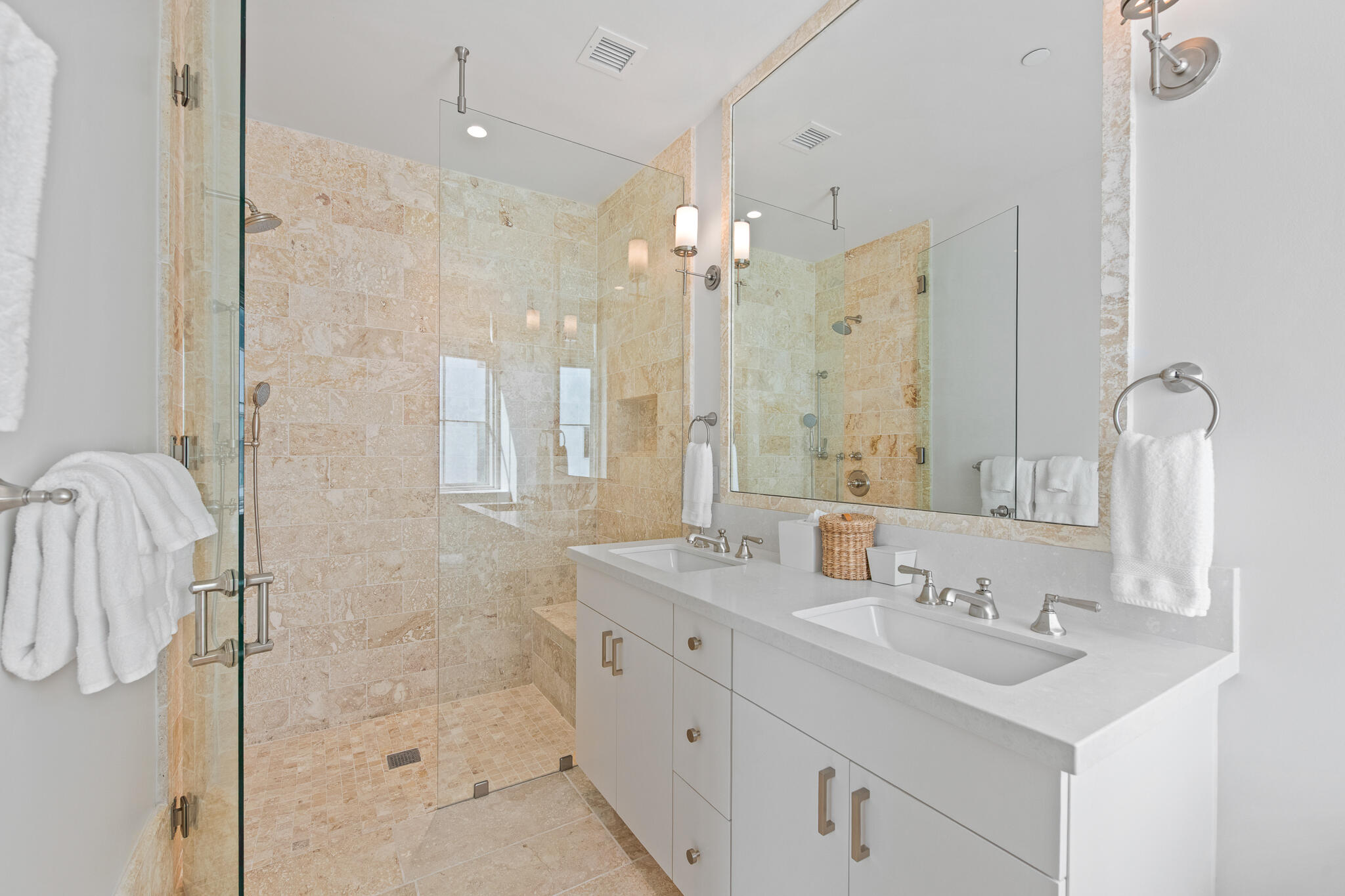 27 Admiralty Row, Unit 207 Inlet Beach, FL 32461 - Photo 22 of 37 a bathroom with a double vanity sink mirror and shower