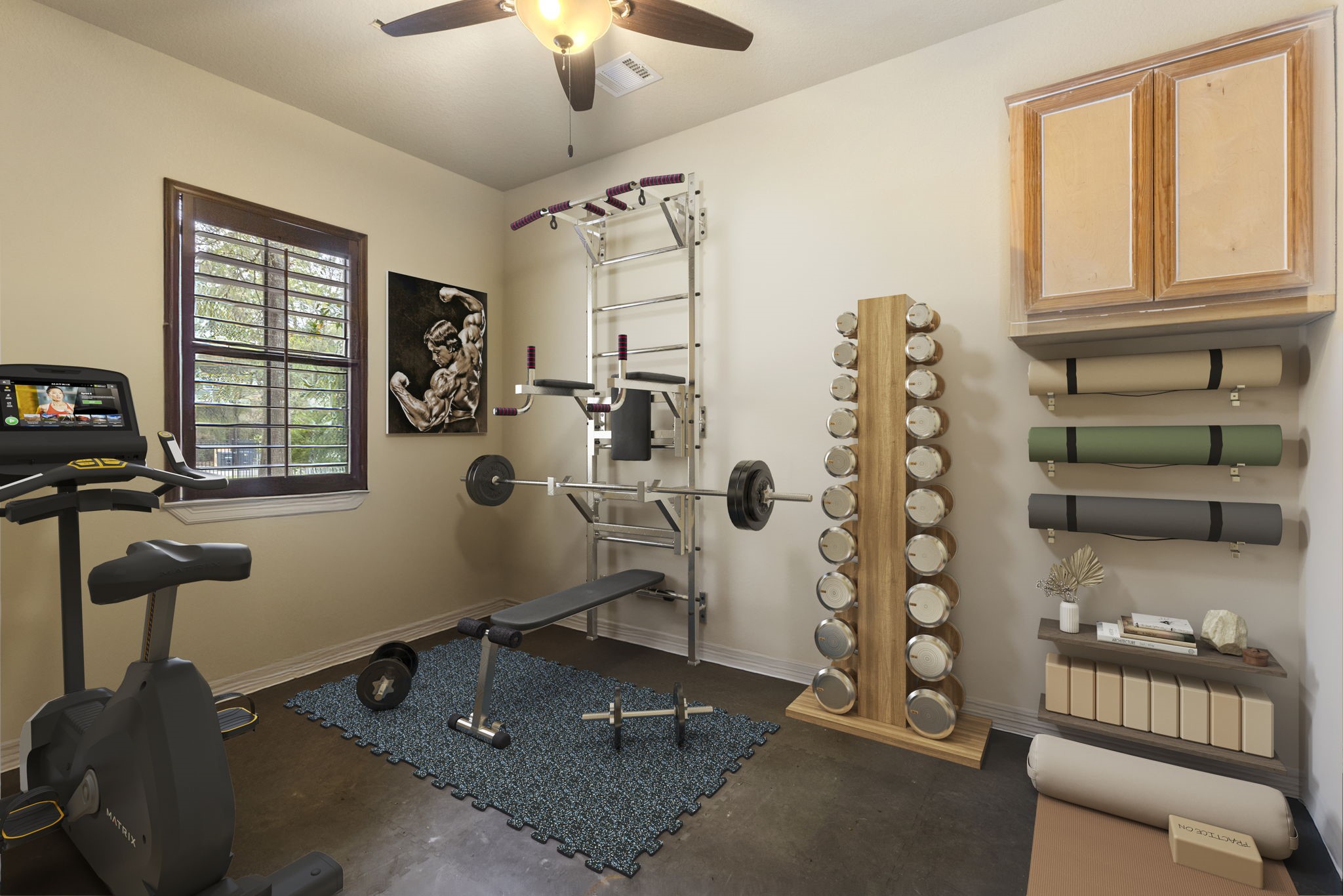 28227 KAILEES Court Spring, TX 77386 - Photo 34 of 48 Fully conditioned bonus room (14’x9') located privately across the porte-cochère, featuring a window with plantation shutters and ceiling fan. Versatile space ideal for a home gym, private office, or hobby studio.
*Virtually Staged Image