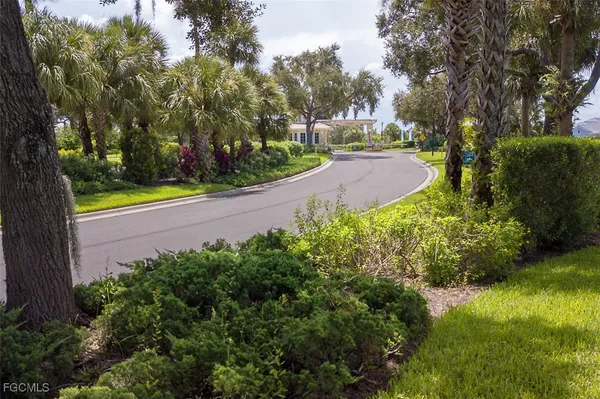 a view of a garden with a fountain
