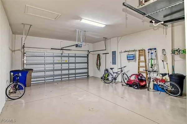 a view of a garage with storage