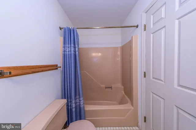 a bathroom with a shower and a toilet