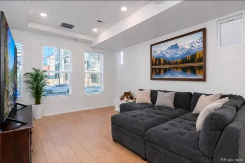 a living room with furniture and potted plant