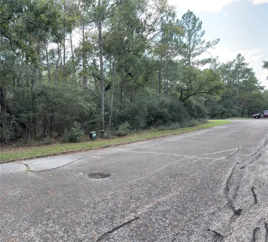 a view of a field with trees in the background