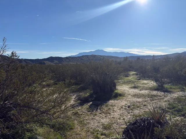 a view of a yard with mountains in the background