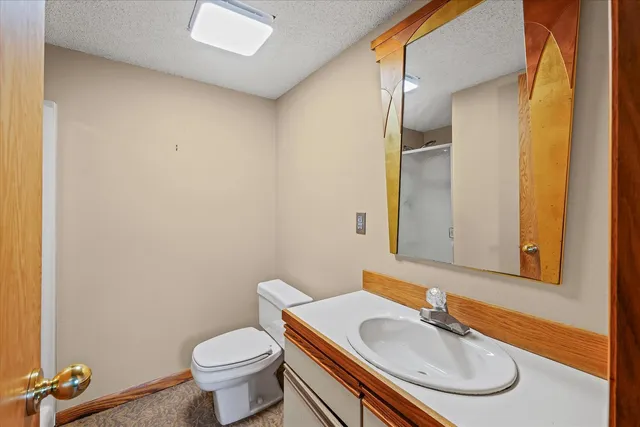 a bathroom with a sink toilet and mirror