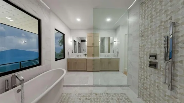 a bathroom with a tub a double vanity sink and mirrors