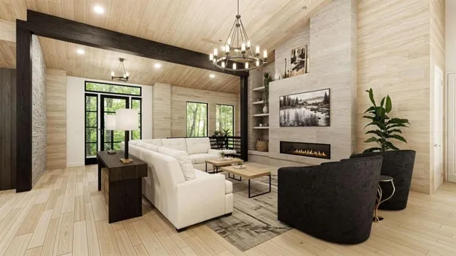 a living room with furniture and a chandelier