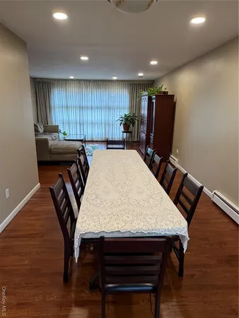 a view of a dining room with furniture