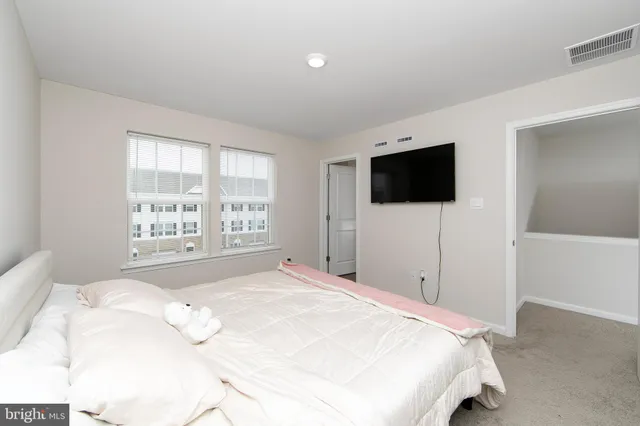 a bedroom with a bed and a closet