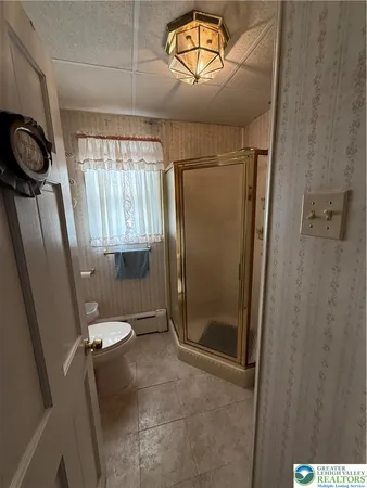 a bathroom with a shower and a toilet