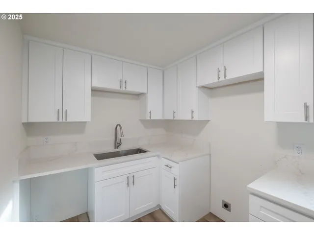 a kitchen with white cabinets and a sink