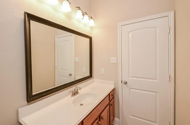 a bathroom with a sink and a mirror