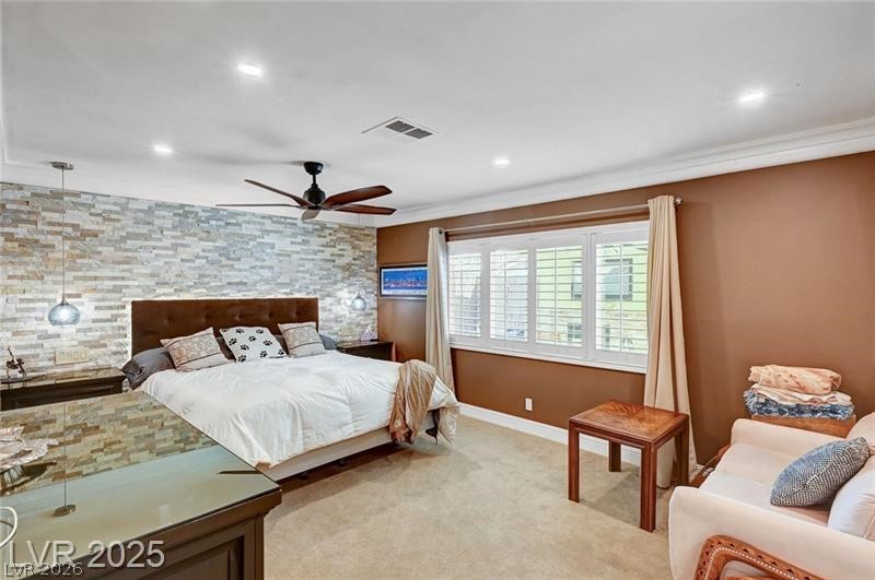 2410 Doherty Way Henderson, NV 89014 - Photo 5 of 63 Bedroom with light colored carpet, ornamental molding, baseboards, recessed lighting, and a ceiling fan