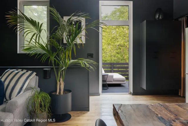 a living room with furniture and a potted plant
