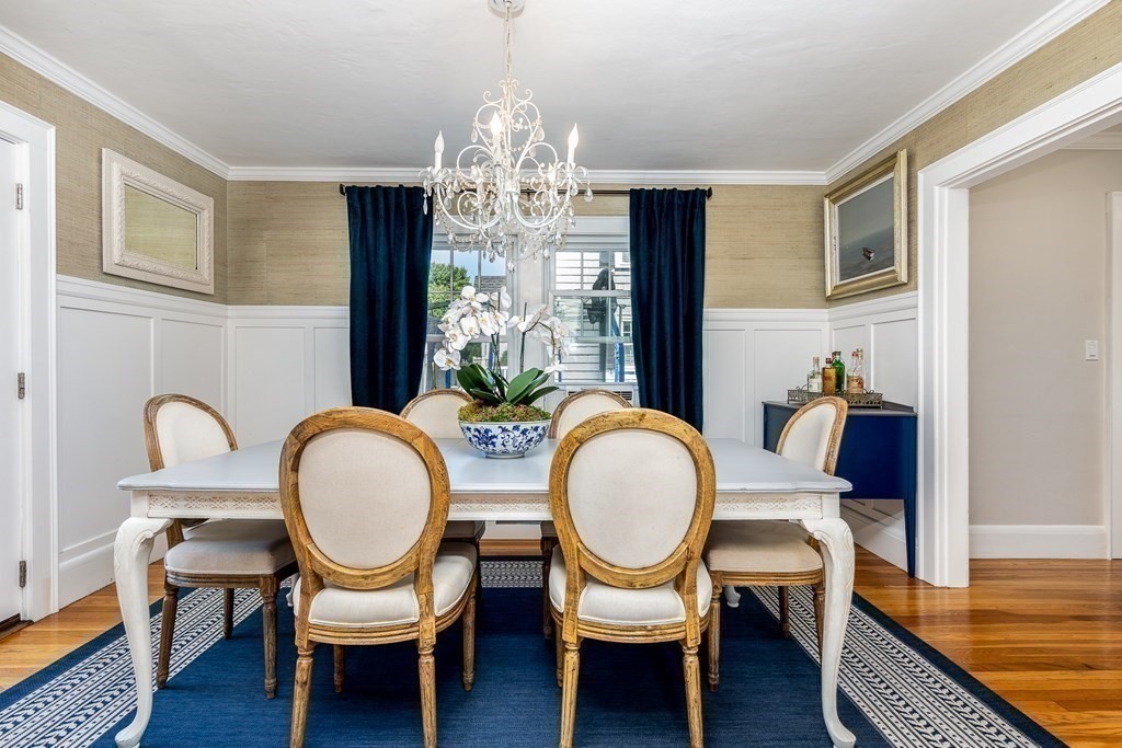 8 Pickwick Road Marblehead, MA 01945 - Photo 11 of 35 a dining room with furniture a chandelier and wooden floor