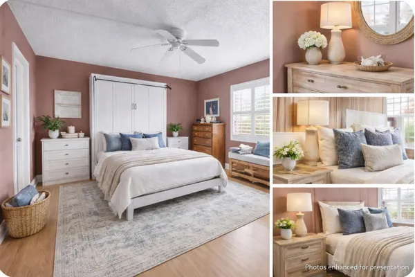 a bedroom with a bed a mirror and lamp