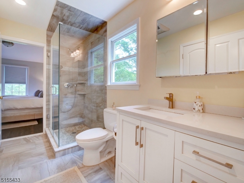 33 Cliffside Trail Denville, NJ 07834 - Photo 16 of 25 a bathroom with a granite countertop sink a toilet a mirror and a shower