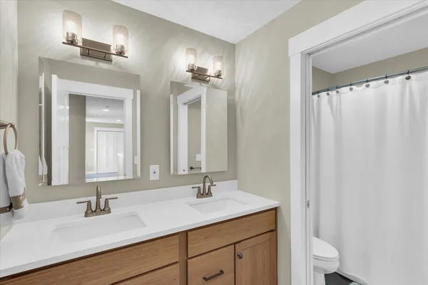 a bathroom with a sink a toilet and a mirror