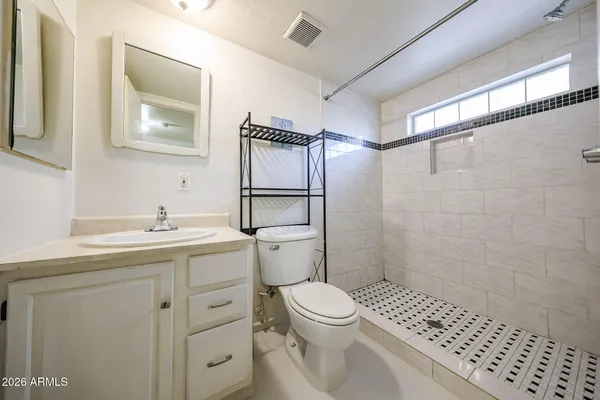 a bathroom with a sink a toilet and shower