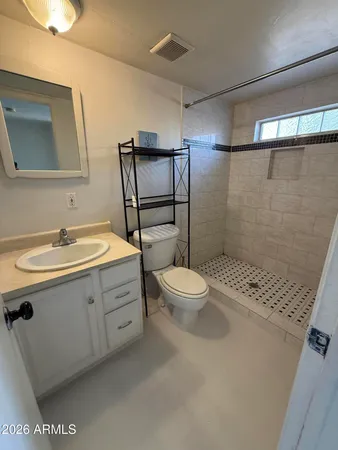 a bathroom with a sink a toilet and shower