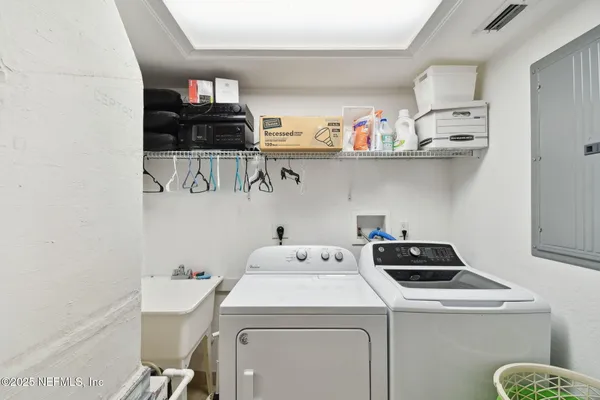 a view of a dining room with furniture