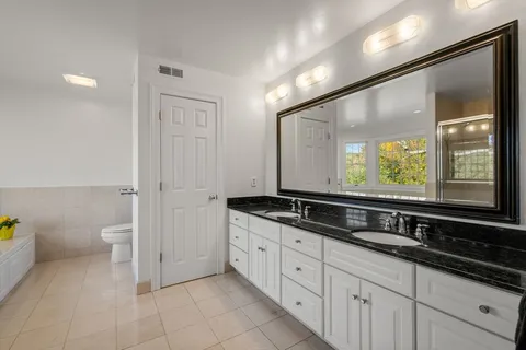 a bathroom with a sink a toilet and a large mirror