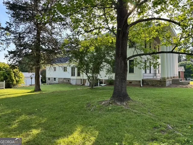 a view of a park with large trees