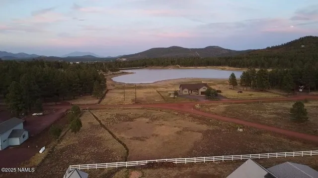 a view of a town with couple of trees